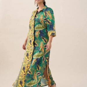 Robe chemise kimono longue imprimé feuillage vert jaune grande taille An Vito