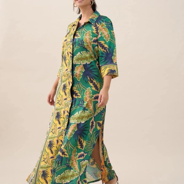 Robe chemise kimono longue imprimé feuillage vert jaune grande taille An Vito