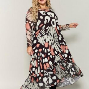 Robe longue effet papillon grande taille AN VITO noir/blanc/vieux rose.