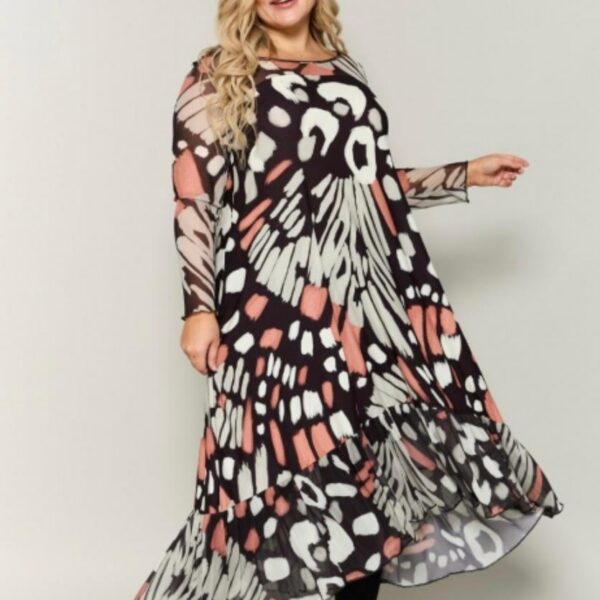 Robe longue effet papillon grande taille AN VITO noir/blanc/vieux rose.