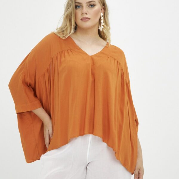 Tunique poncho courte orange – manches 3/4 col V – viscose fluide