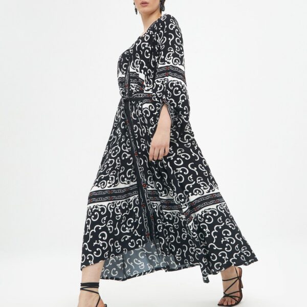 Robe longue grande taille boutonnée col V – manches longues bouffantes – viscose fluide MAT FASHION