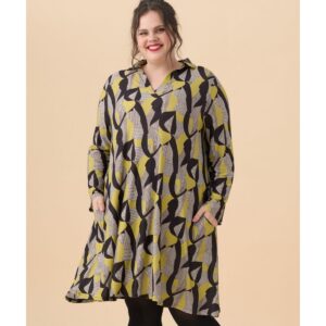 Robe évasée vert et noir col chemise – manches longues – 2 poches