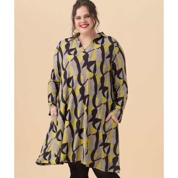 Robe évasée vert et noir col chemise – manches longues – 2 poches AN VITO
