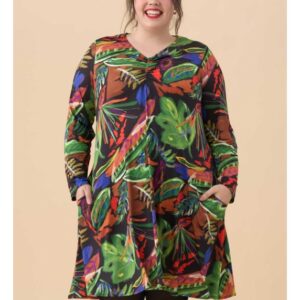 Robe évasée multicolore col V – manches longues – 2 poches – grande taillev