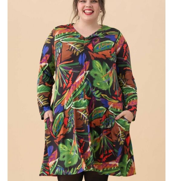 Robe évasée multicolore col V – manches longues – 2 poches – grande taille AN VITO