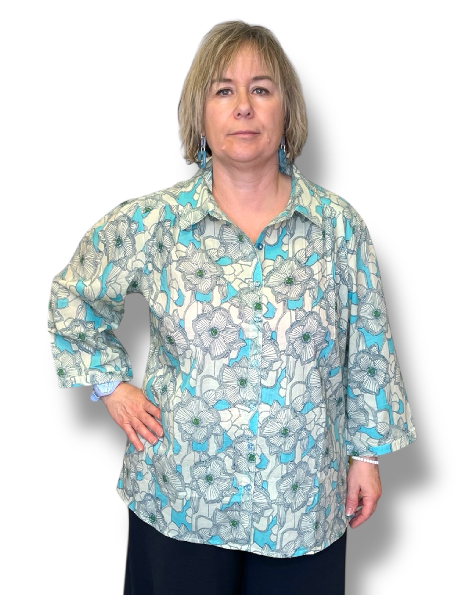 Chemise coton à fleurs turquoise Agathe et Louise