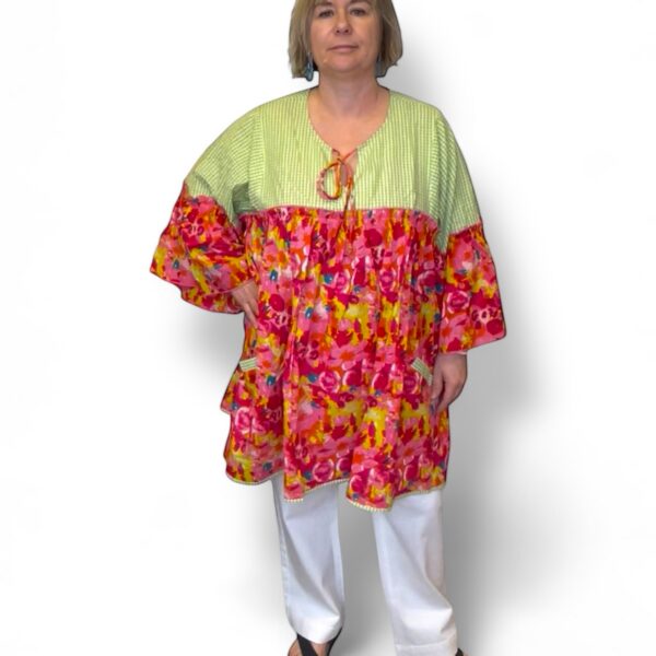 Tunique bohème l'Eté de Jeanne oversize coton fleurs et vichy