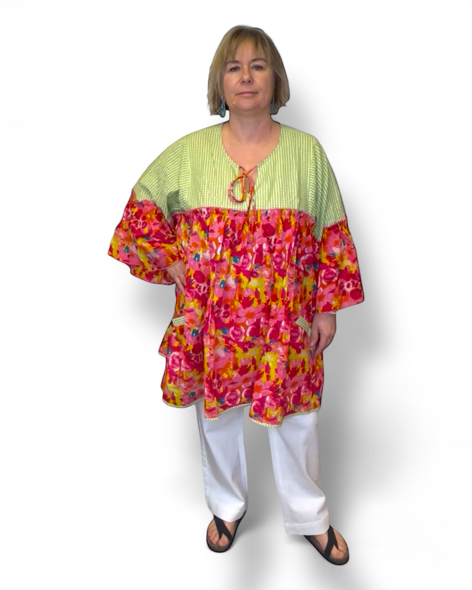Tunique bohème l'Eté de Jeanne oversize coton fleurs et vichy