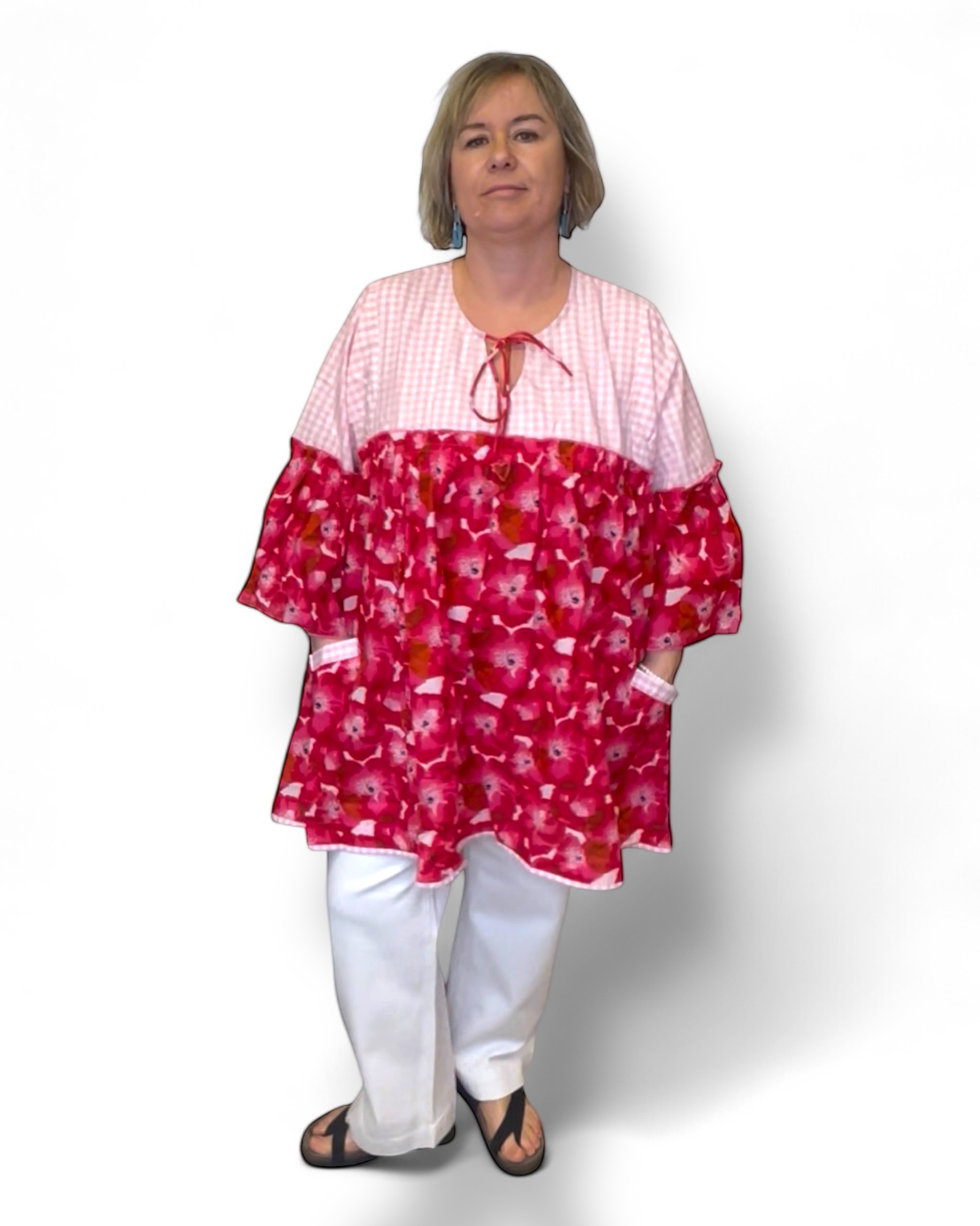 Tunique bohème l'Eté de Jeanne oversize coton fleurs et vichy
