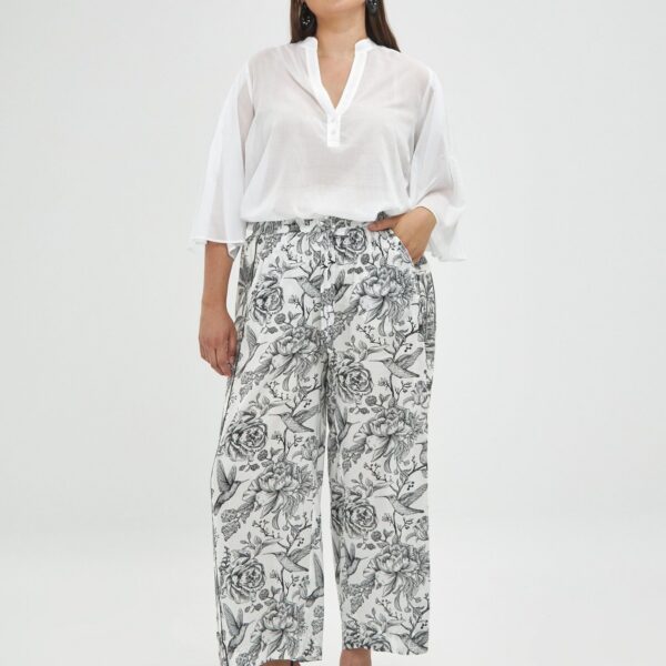 Pantalon imprimé tropical noir et blanc grande taille Mat Fashion - taille 46 – coupe fluide et taille élastiquée
