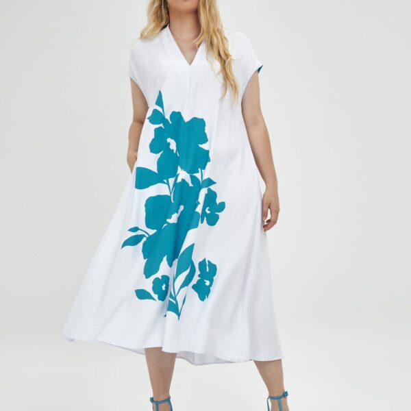 Robe longue blanche à fleurs turquoise grande taille Mat Fashion – coupe ample et col V - TAILLE S soit 46