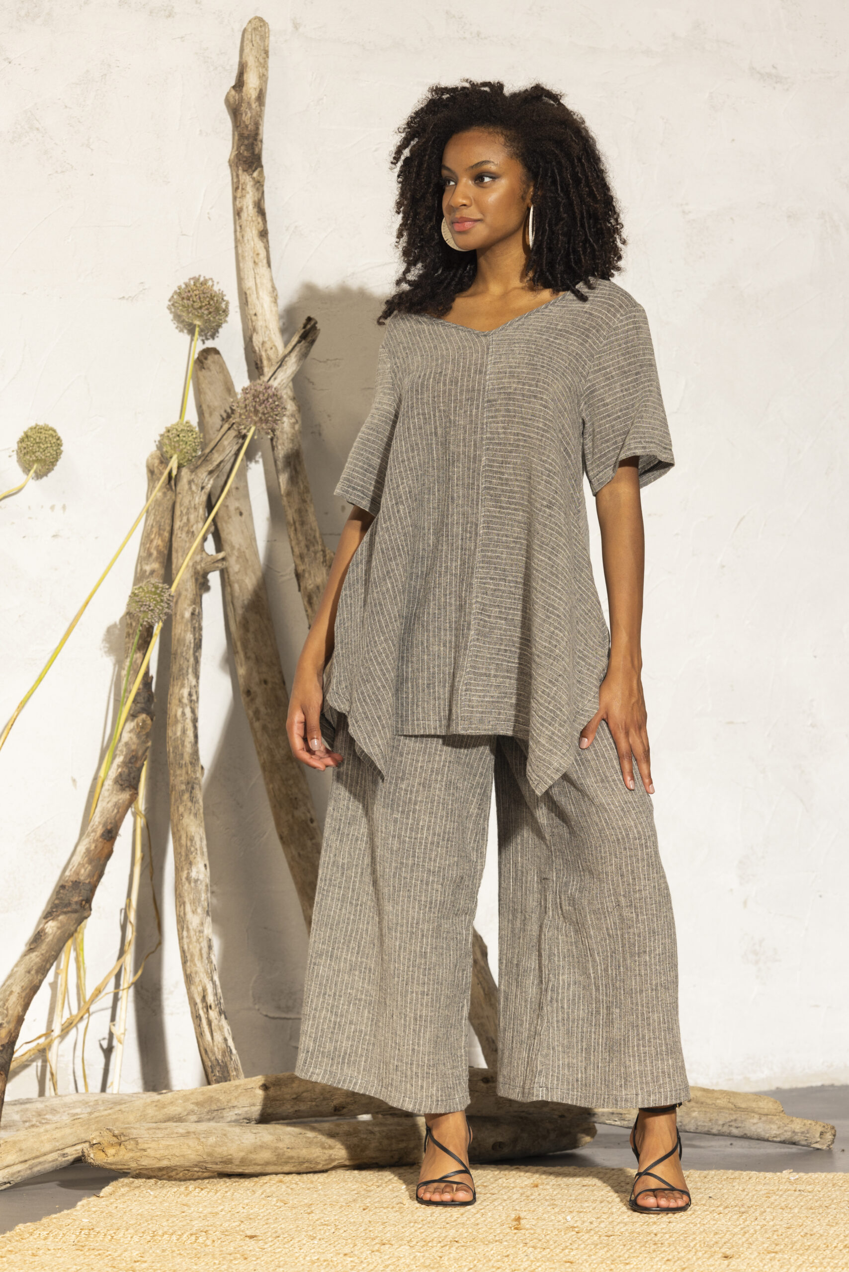 Ensemble tunique et pantalon gris rayé grande taille G'Ozé – coupe oversize et style naturel
