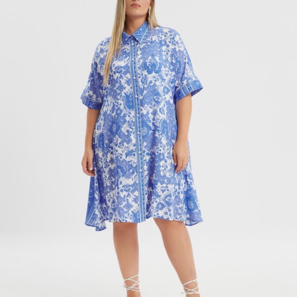 Robe chemise imprimée bleue et blanche grande taille 48 Mat Fashion – coupe fluide et col chemise